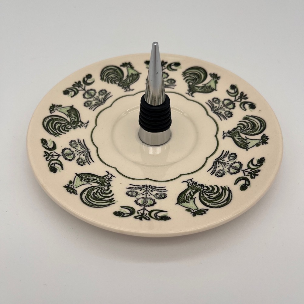 Handmade Ceramic Rooster Ring Holder Dresser Tray Green Cream Folk Art Jewelry